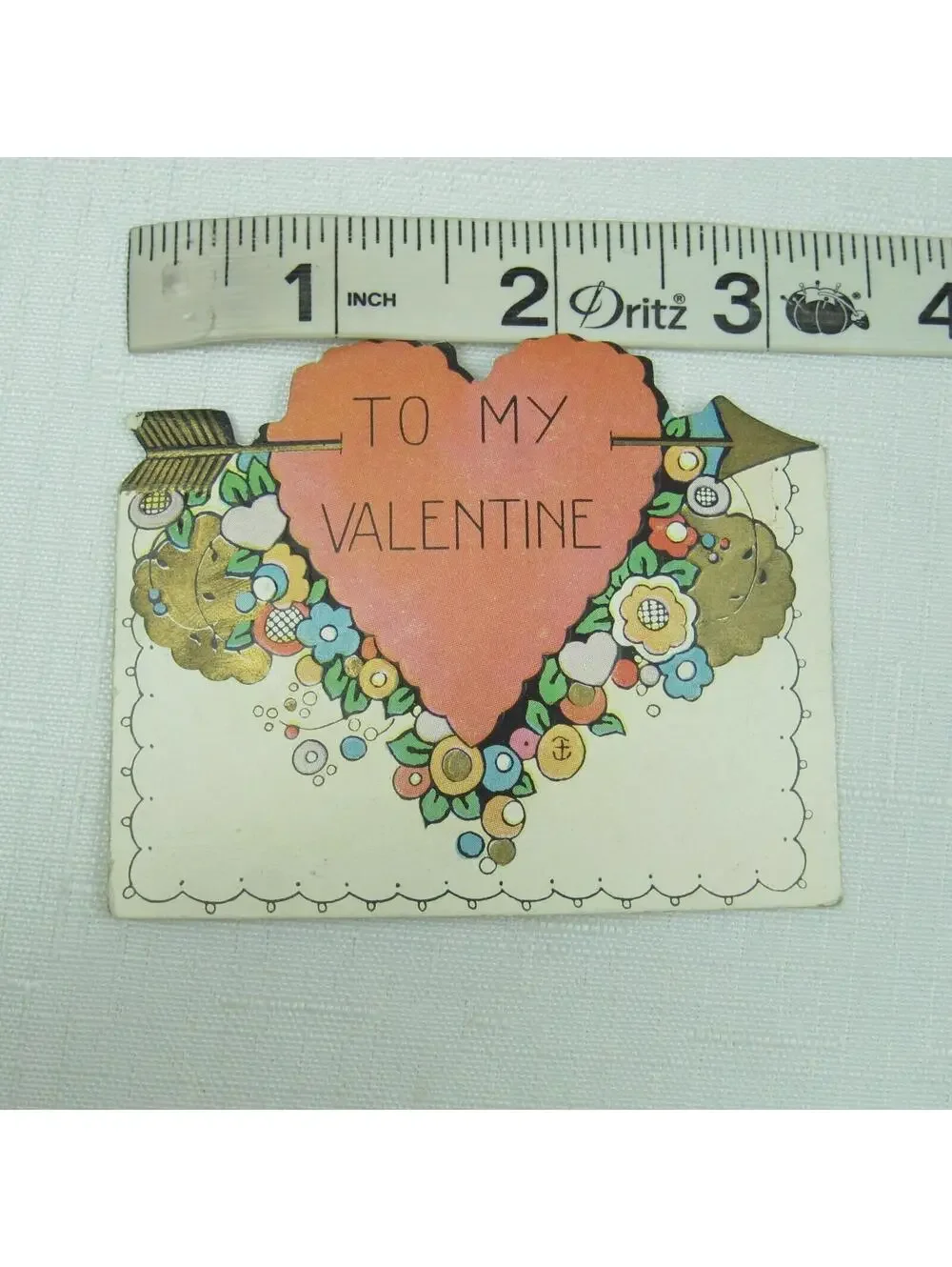 Vintage Valentine Die cut Fold Card Red Heart w/ Gold Arrow & Floral 1920s-30s